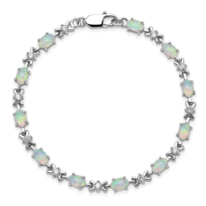 Sterling Silver Rhodium-plated CZ and Created Opal XO 7inch Bracelet