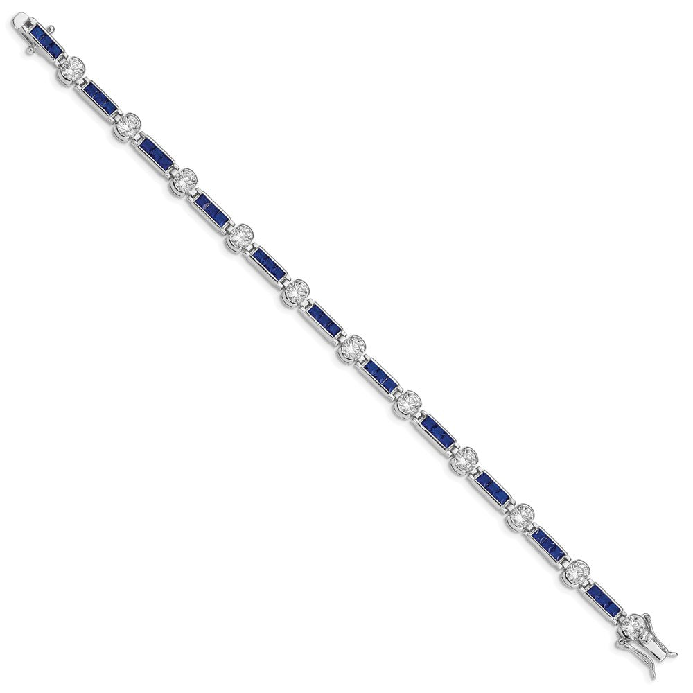 Sterling Silver Rhodium-plated Blue Glass and CZ 7.5 inch Bracelet