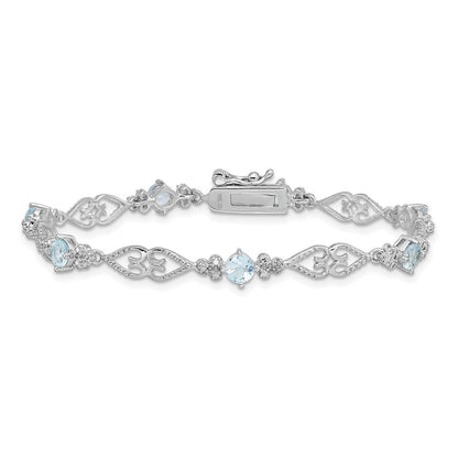 Sterling Silver Rhodium-plated Diamond Aquamarine Bracelet