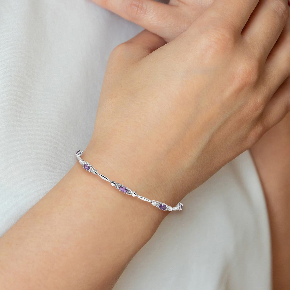 SS Rhodium-plated Amethyst and Diamond Heart 7.5in Bracelet