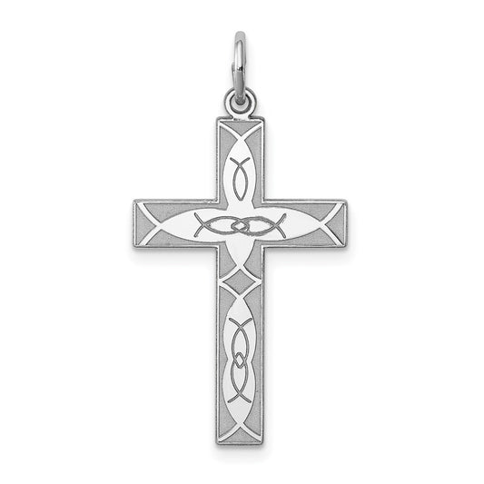 Sterling Silver Rhodium-plated Laser Designed Cross Pendant