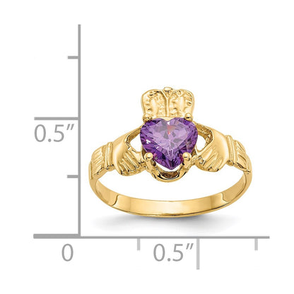 14k February CZ Heart Birthstone Claddagh Ring