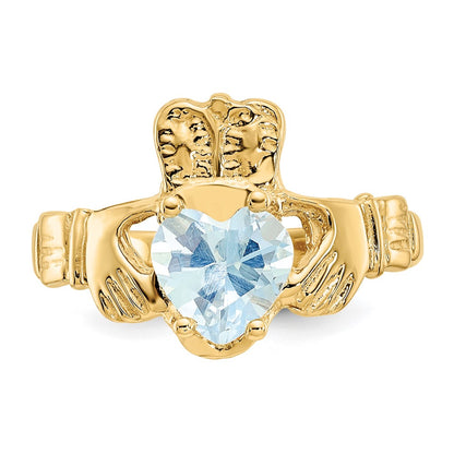 14k March CZ Heart Birthstone Claddagh Ring