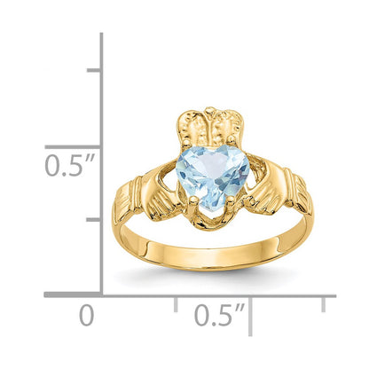 14k March CZ Heart Birthstone Claddagh Ring