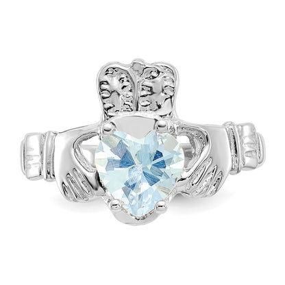 14k White Gold March CZ Heart Birthstone Claddagh Ring