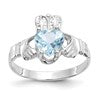14k White Gold March CZ Heart Birthstone Claddagh Ring