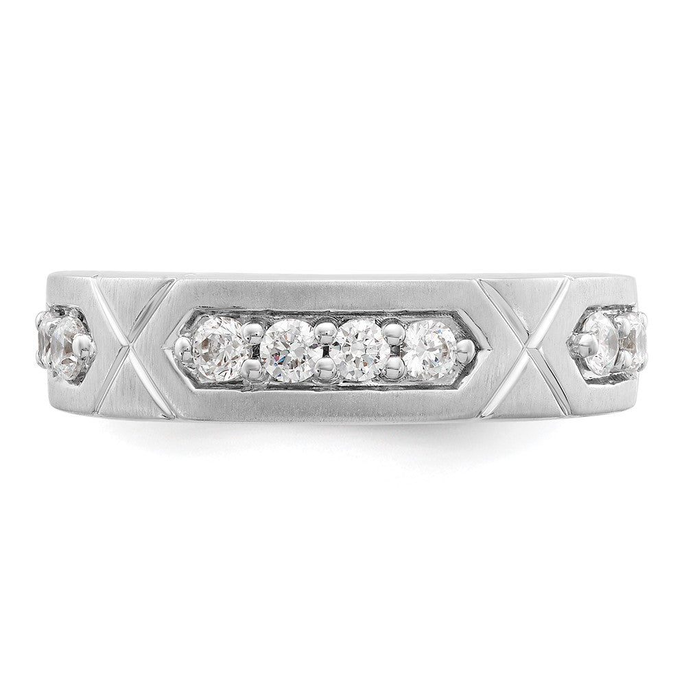 14k White Gold Polished & Satin Grooved Diamond Mens Wedding Band