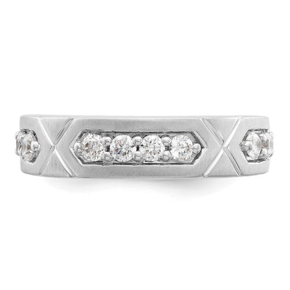 14k White Gold Polished & Satin Grooved Diamond Mens Wedding Band