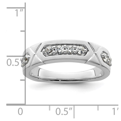 14k White Gold Polished & Satin Grooved Diamond Mens Wedding Band