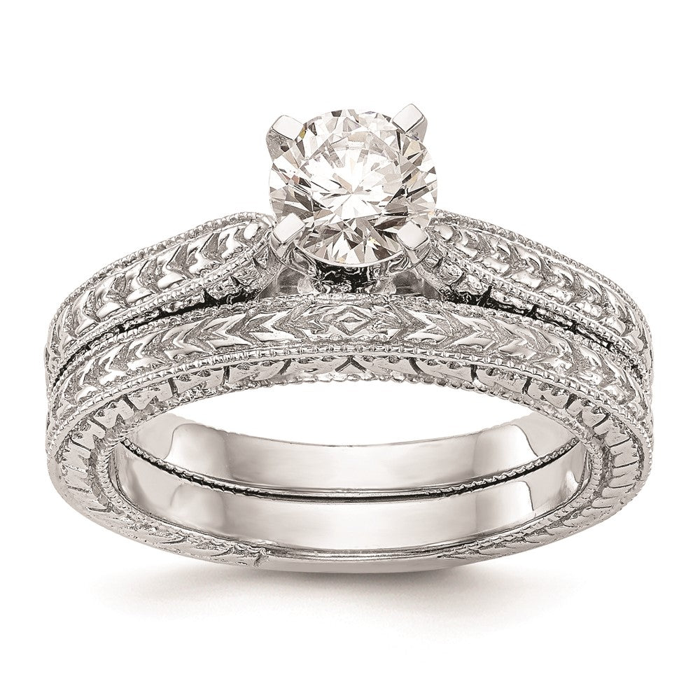 14k White Gold Etched Peg Set Solitaire Engagement Ring Mounting