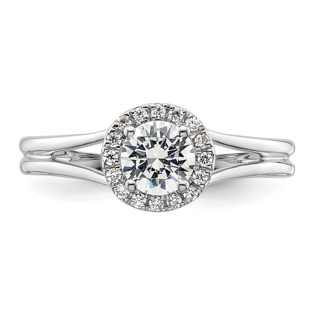 14k White Gold Halo (Holds 1/2 carat (5.2mm) Round Center) 1/10 carat Diamond Semi-mount Split Shank Engagement Ring