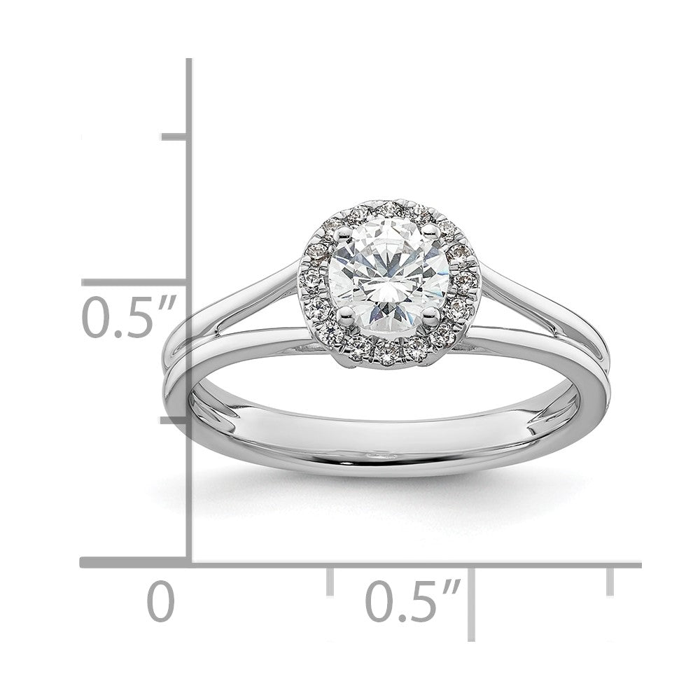 14k White Gold Halo (Holds 1/2 carat (5.2mm) Round Center) 1/10 carat Diamond Semi-mount Split Shank Engagement Ring