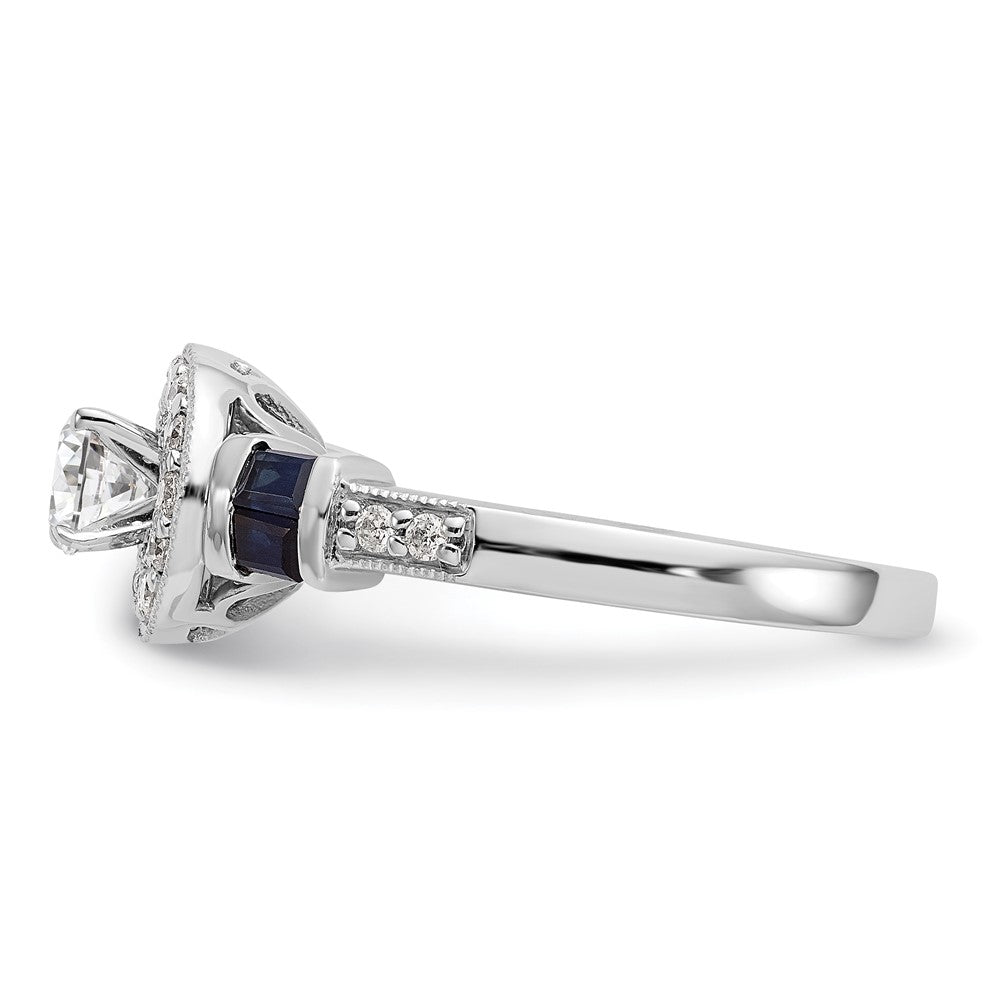 14k White Gold 1/2 carat Lab Grown Diamond VS/SI+ G+ and Created Sapphire Complete Round Halo Engagement Ring