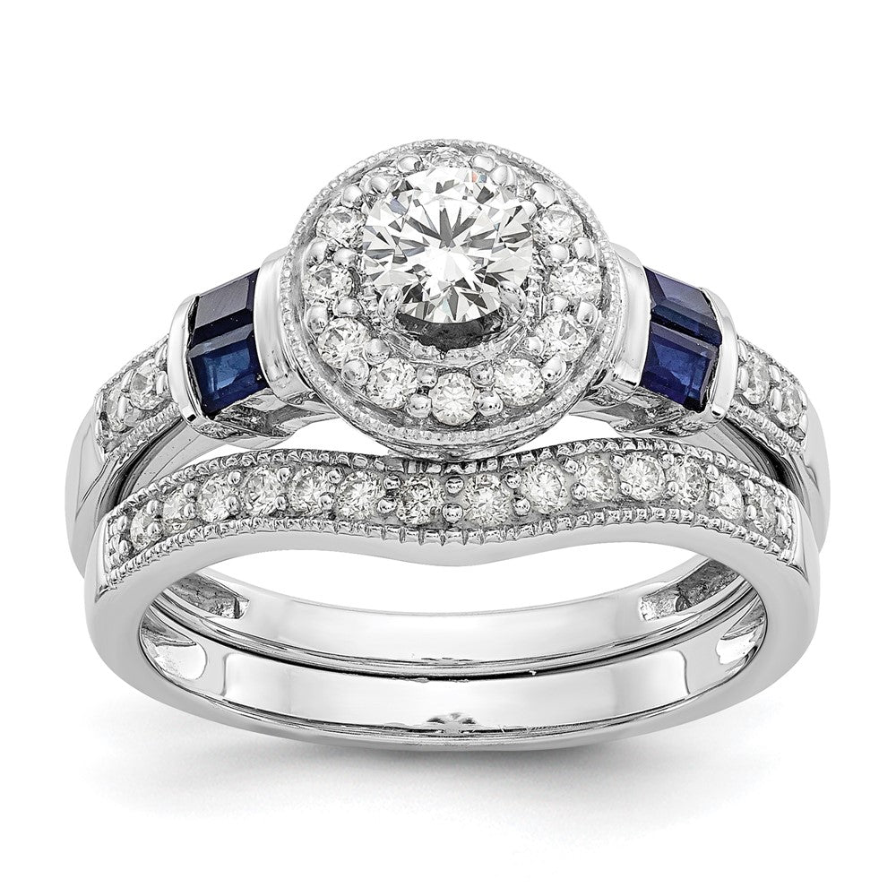 14k White Gold 1/2 carat Lab Grown Diamond VS/SI+ G+ and Created Sapphire Complete Round Halo Engagement Ring