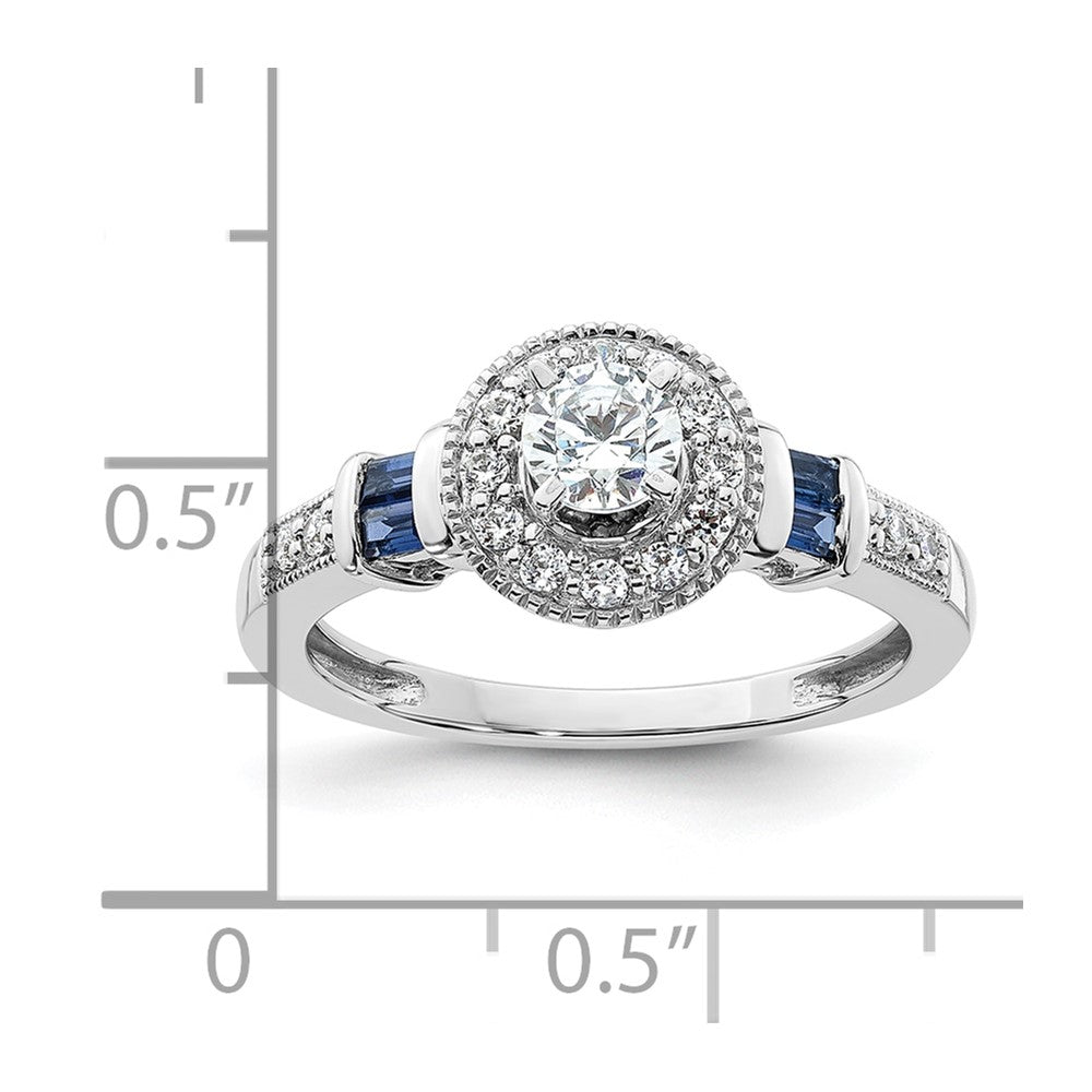 14K White Gold Halo Plus (Holds 3/8 carat (4.5mm) Round Center) 1/5 carat Diamond and Sapphire Semi-Mount Engagement Ring