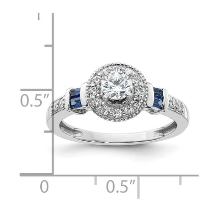 14K White Gold Halo Plus (Holds 3/8 carat (4.5mm) Round Center) 1/5 carat Diamond and Sapphire Semi-Mount Engagement Ring