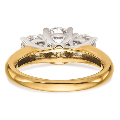 14k Two-tone Three Stone 1/2 carat Center Round and 1/4 carat Side Stone Engagement Ring Mounting