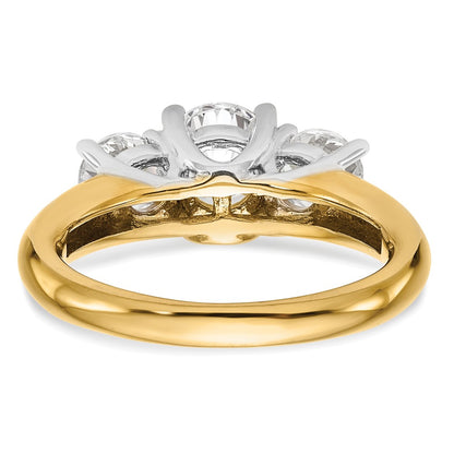 14k Two-tone Three Stone 1 carat Center Round and 1/2 carat Side Stone Engagement Ring Mounting
