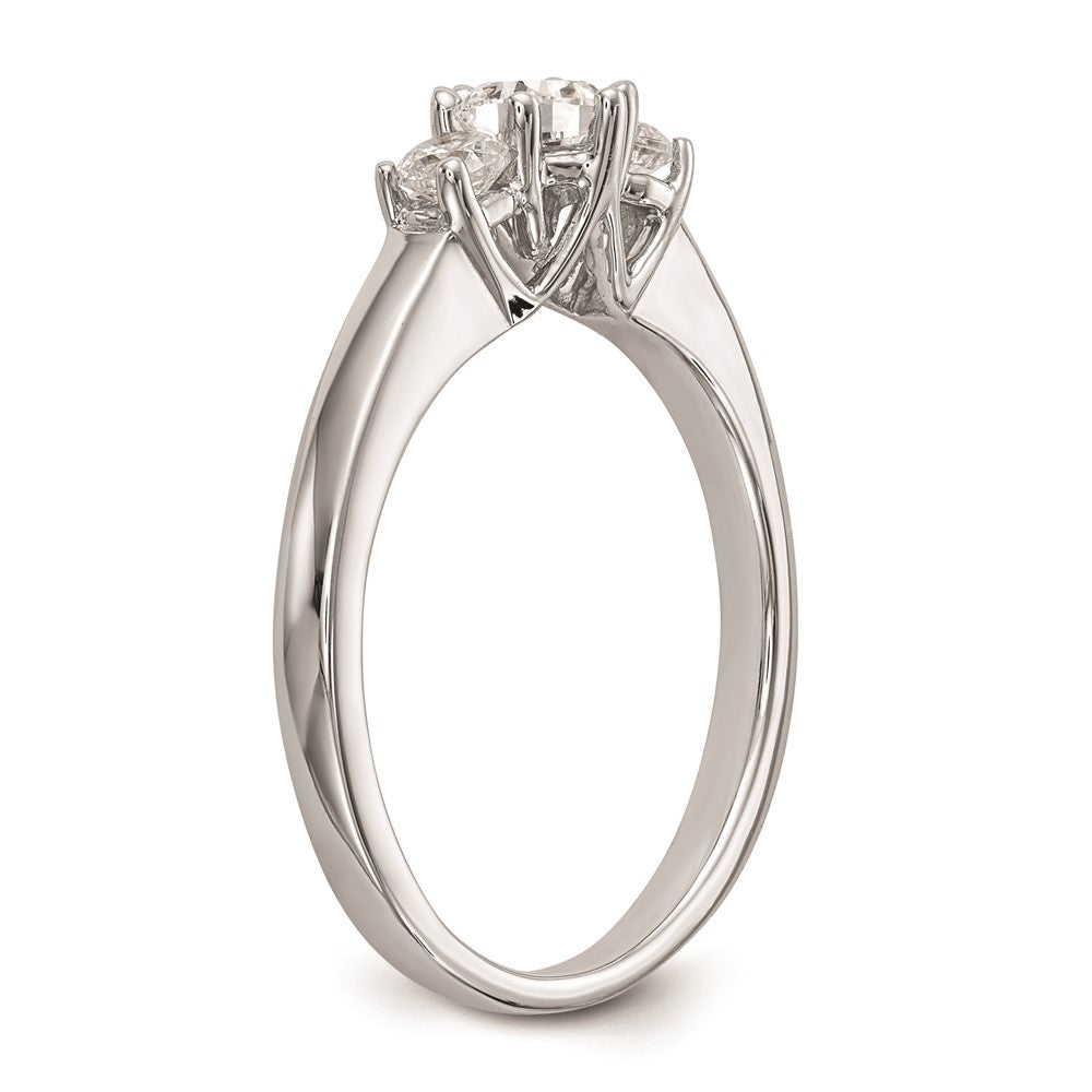 14K White Gold 3-Stone (Holds 3/8 carat (4.6mm) Round Center and (2-3.1mm) Round Sides) Engagement Ring Mounting