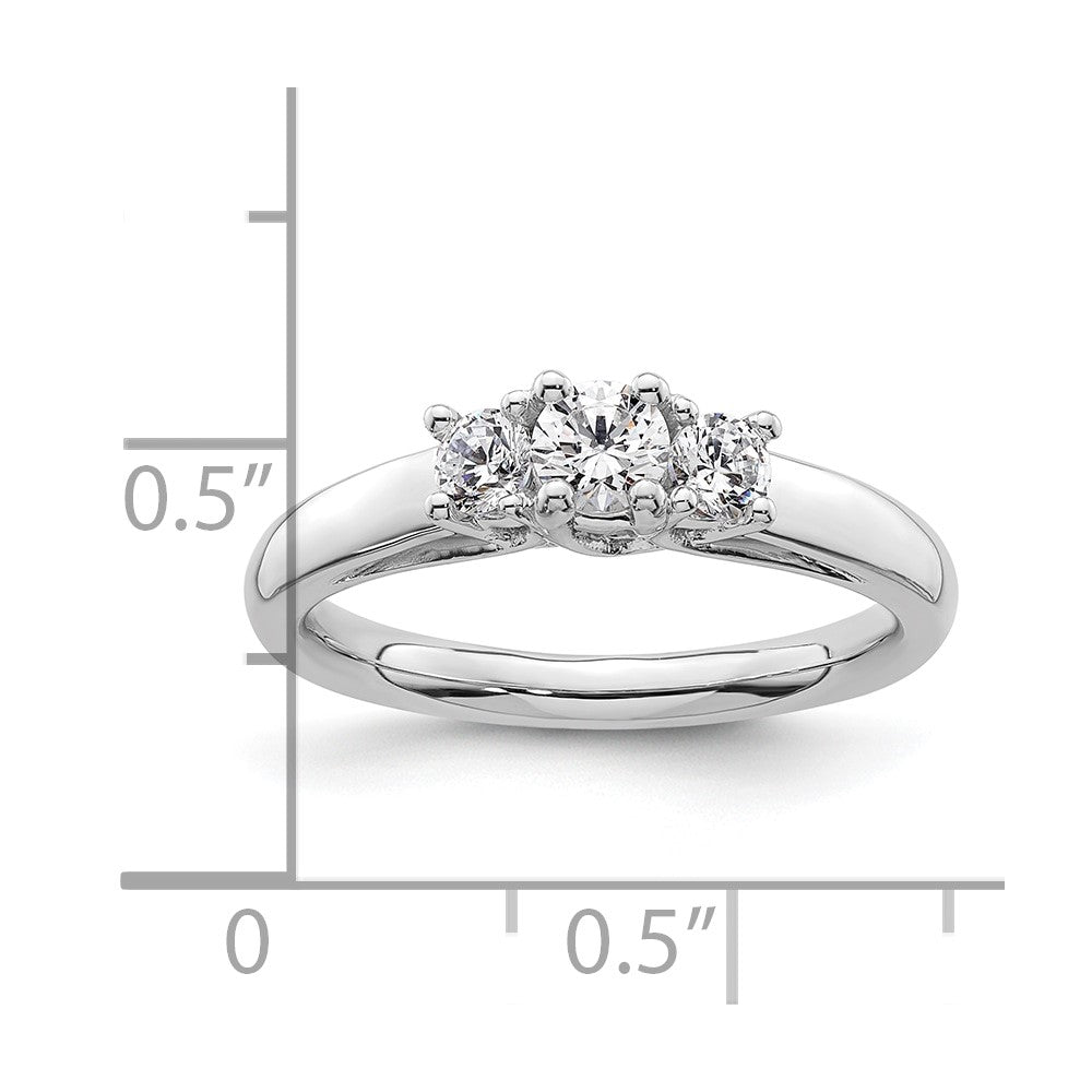 14K White Gold 3-Stone (Holds 1/4carat (4.1mm) Round Center and (2-3.2mm) Round Sides) Engagement Ring Mounting