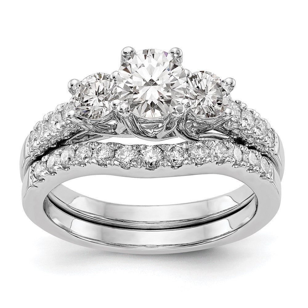14K White Gold 3-Stone Plus (Holds 1/2 carat (5.2mm) Round Center and (4.00mm) Round Sides) Diamond Semi-Mount Engagement Ring