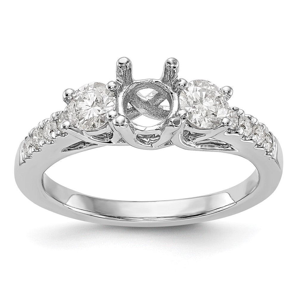 14K White Gold 3-Stone Plus (Holds 1/2 carat (5.2mm) Round Center and (4.00mm) Round Sides) Diamond Semi-Mount Engagement Ring