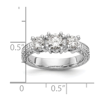14K White Gold 3-Stone (Holds 5.2mm Round Center and (2-4.1mm) Round Sides) Engagement Ring Mounting