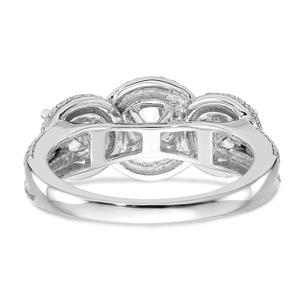 14K White Gold 3-Stone Plus (Holds 5/8 carat (5.5mm) Round Center and (2-4.5mm) Round Sides) Diamond Halo Semi-Mount Engagement Ring