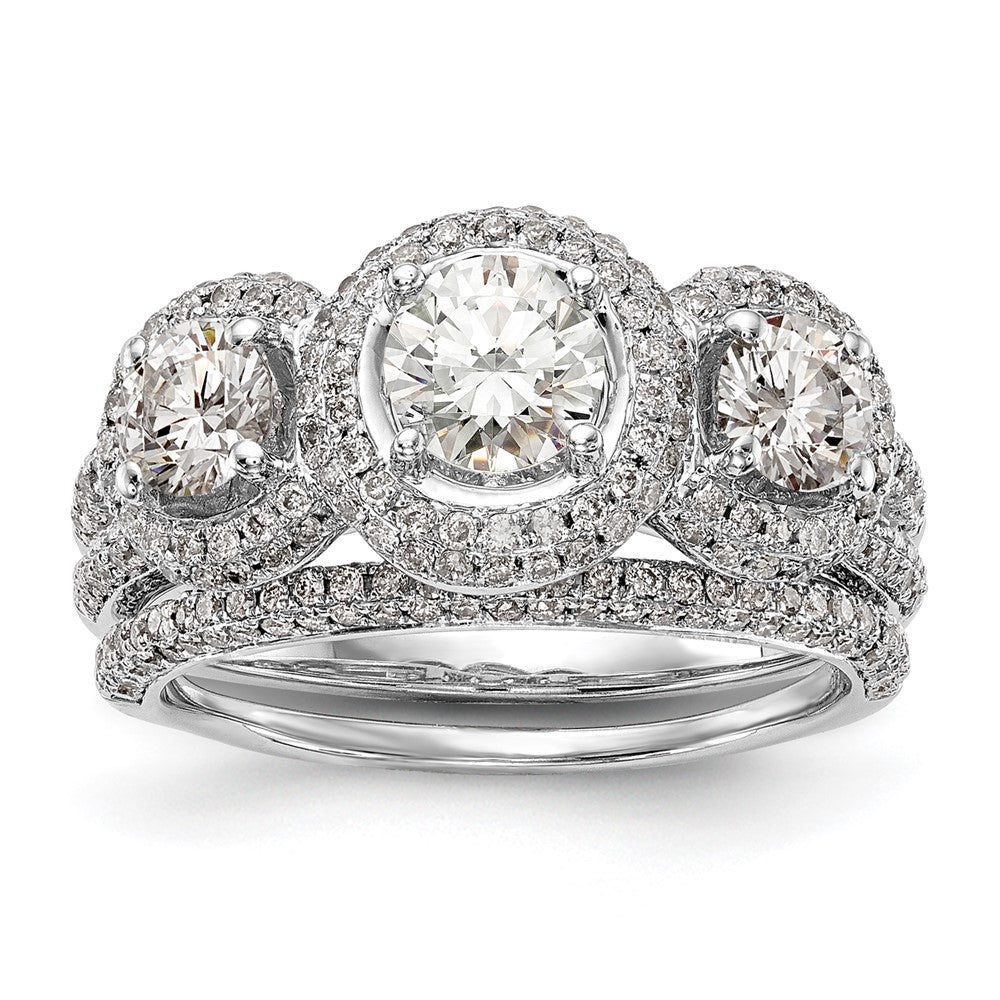 14K White Gold 3-Stone Plus (Holds 5/8 carat (5.5mm) Round Center and (2-4.5mm) Round Sides) Diamond Halo Semi-Mount Engagement Ring