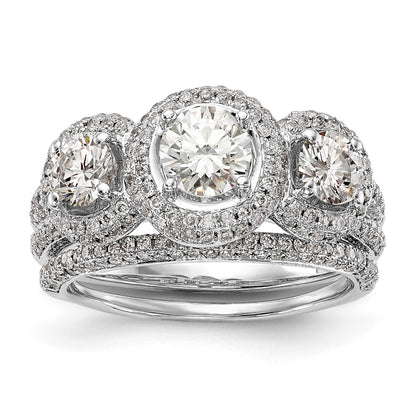 14K White Gold 3-Stone Plus (Holds 5/8 carat (5.5mm) Round Center and (2-4.5mm) Round Sides) Diamond Halo Semi-Mount Engagement Ring