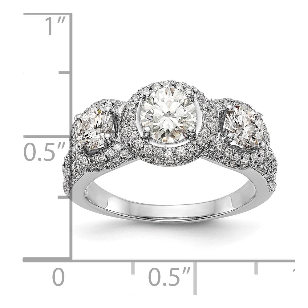 14K White Gold 3-Stone Plus (Holds 5/8 carat (5.5mm) Round Center and (2-4.5mm) Round Sides) Diamond Halo Semi-Mount Engagement Ring
