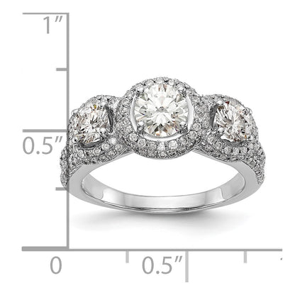 14K White Gold 3-Stone Plus (Holds 5/8 carat (5.5mm) Round Center and (2-4.5mm) Round Sides) Diamond Halo Semi-Mount Engagement Ring