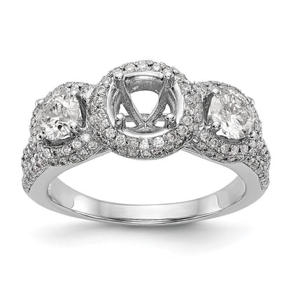 14K White Gold 3-Stone Plus (Holds 5/8 carat (5.5mm) Round Center and (2-4.5mm) Round Sides) Diamond Halo Semi-Mount Engagement Ring