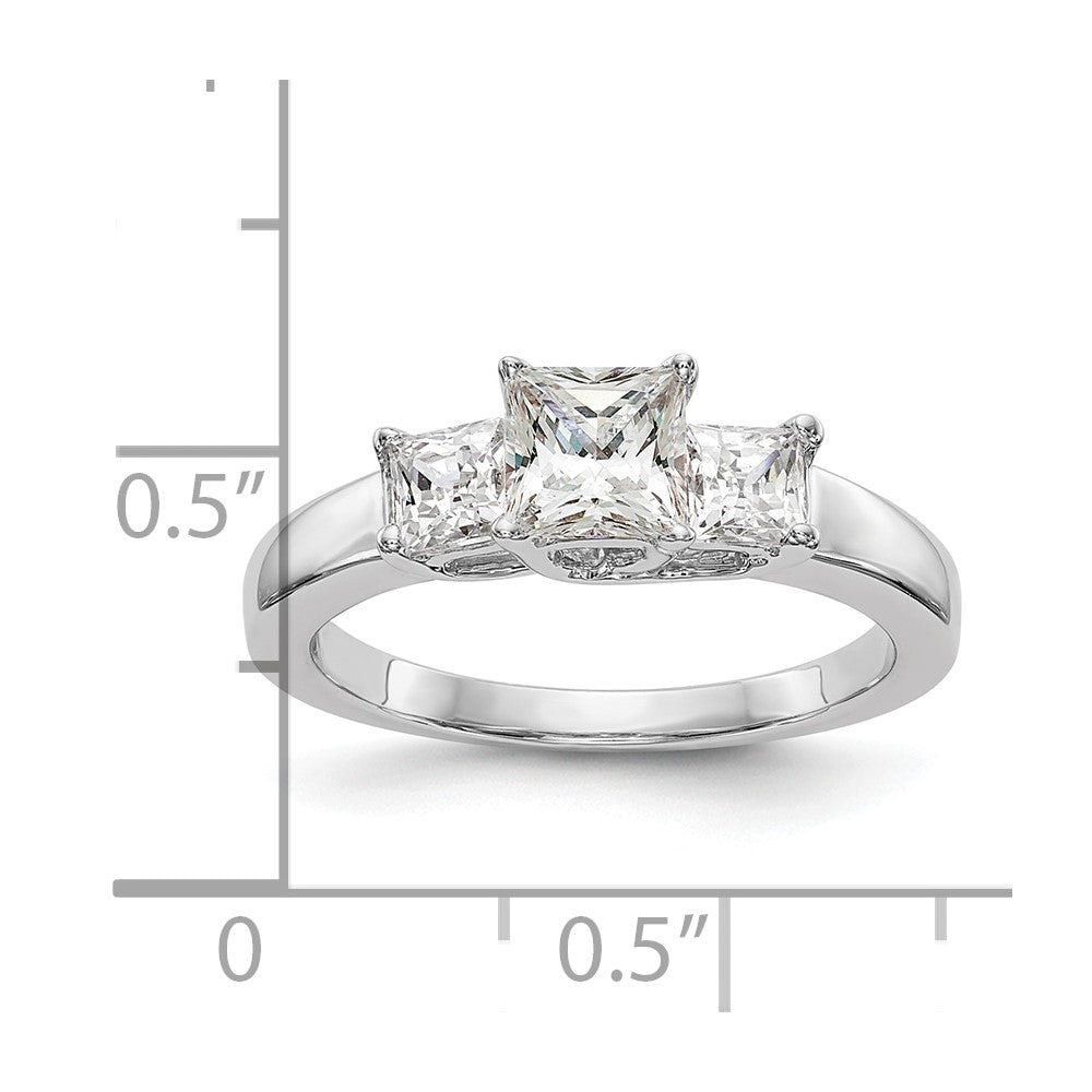 14K White Gold 3-Stone (Holds 1/2 carat (5.2mm) Princess Center and (2-3.5mm) Princess Sides) Engagement Ring Mounting