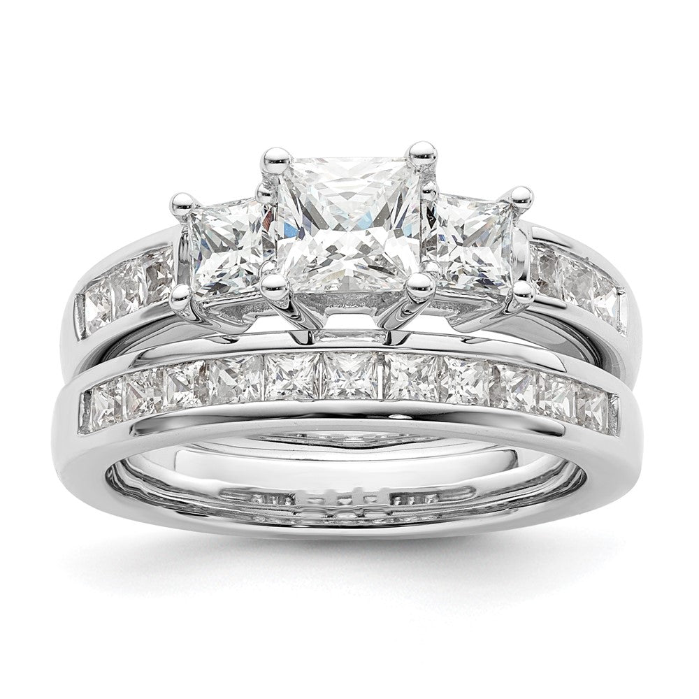 14K White Gold 3-Stone Plus (Holds 3/4 carat (5.8mm) Princess Center and (2-3.3mm) Princess Sides) Diamond Semi-Mount Engagement Ring