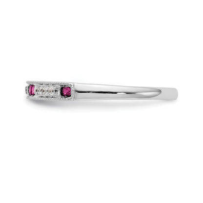 14k White Gold 1/20 carat Diamond and Ruby Complete Wedding Band