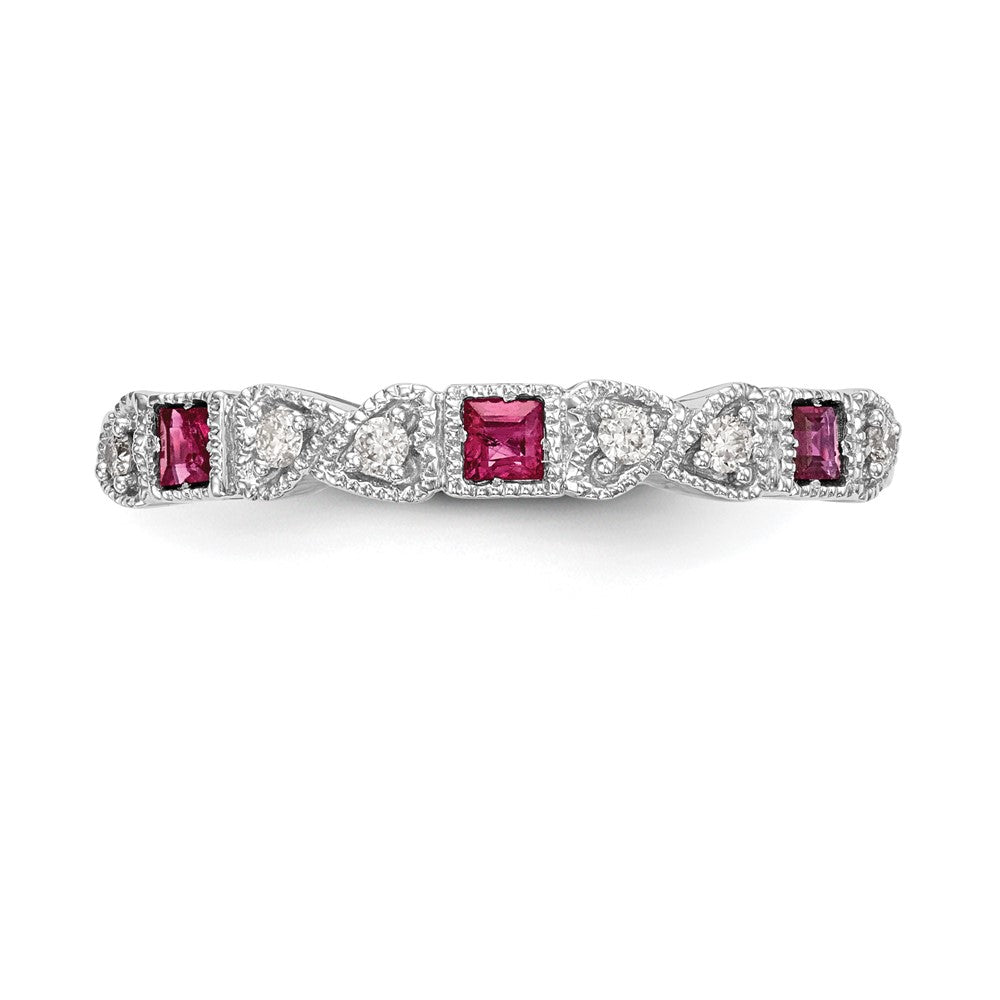 14k White Gold Heart Design 1/10 carat Diamond and Ruby Complete Band