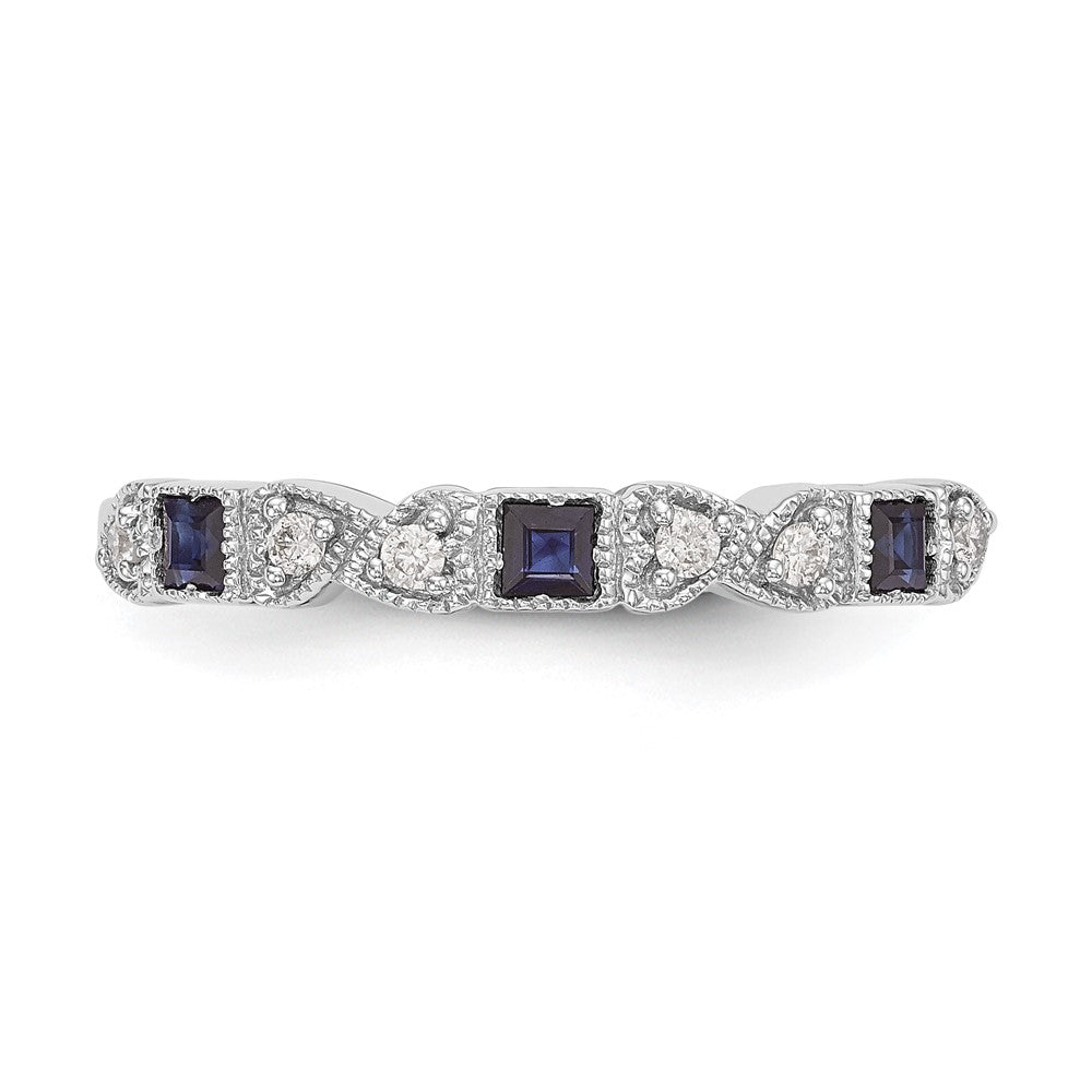 14k White Gold Heart Design 1/10 carat Diamond and Blue Princess Sapphire Complete Band