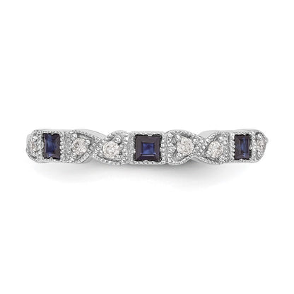 14k White Gold Heart Design 1/10 carat Diamond and Blue Princess Sapphire Complete Band