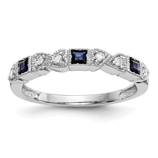 14k White Gold Heart Design 1/10 carat Diamond and Blue Princess Sapphire Complete Band