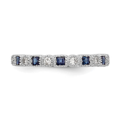 14k White Gold 1/10 carat Diamond and Blue Princess Sapphire Complete Band