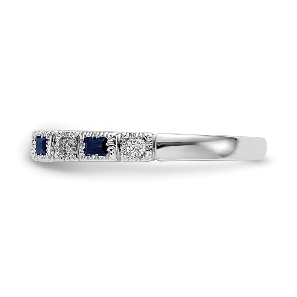 14k White Gold 1/10 carat Diamond and Blue Sapphire Baguette Complete Band