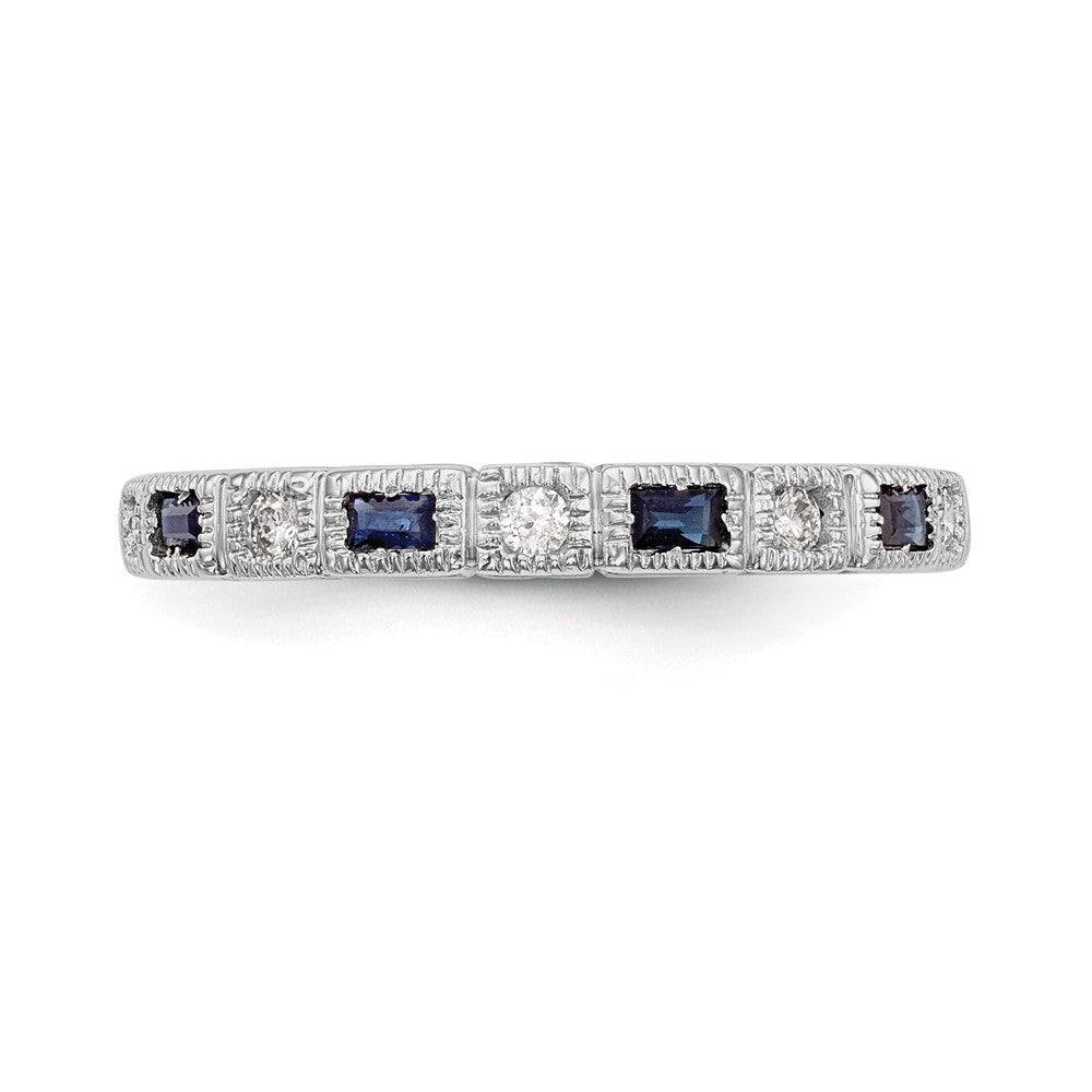 14k White Gold 1/10 carat Diamond and Blue Sapphire Baguette Complete Band
