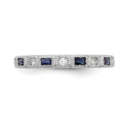 14k White Gold 1/10 carat Diamond and Blue Sapphire Baguette Complete Band