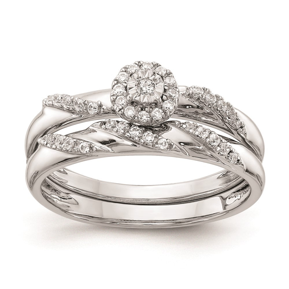 14K White Gold Halo AA Quality 1/8 carat Diamond Trio Complete Engagement Ring