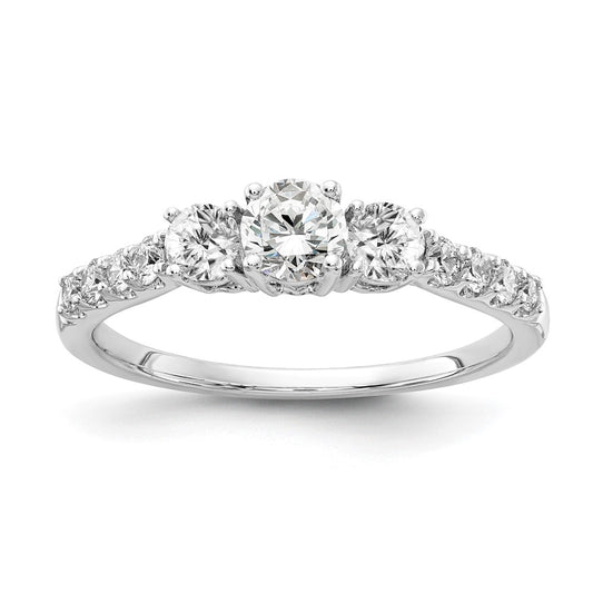 14k White Gold 1/2 carat Lab Grown Diamond VS/SI+ G+ 1/4 carat Center Round Semi Mount Three Stone Size 5 Engagement Ring