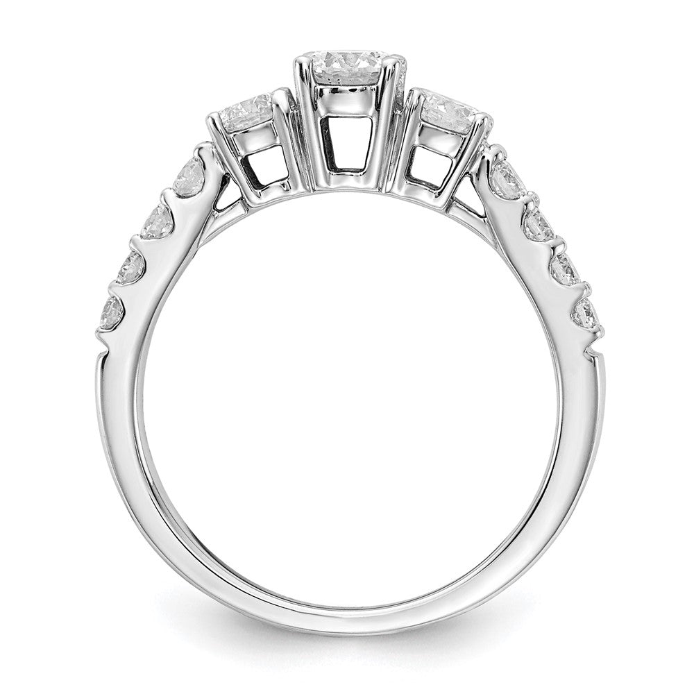 14k White Gold 7/8 carat Lab Grown Diamond VS/SI+ G+ 5/8 carat Center Round Semi Mount Size 5 Three Stone Engagement Ring