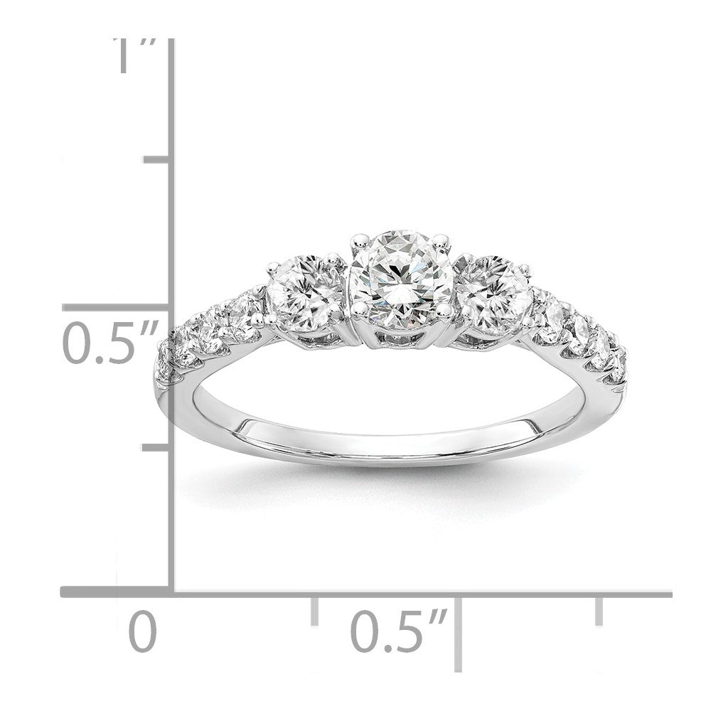 14k White Gold 7/8 carat Lab Grown Diamond VS/SI+ G+ 5/8 carat Center Round Semi Mount Size 5 Three Stone Engagement Ring