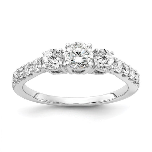 14k White Gold 7/8 carat Lab Grown Diamond VS/SI+ G+ 5/8 carat Center Round Semi Mount Size 8 Three Stone Engagement Ring