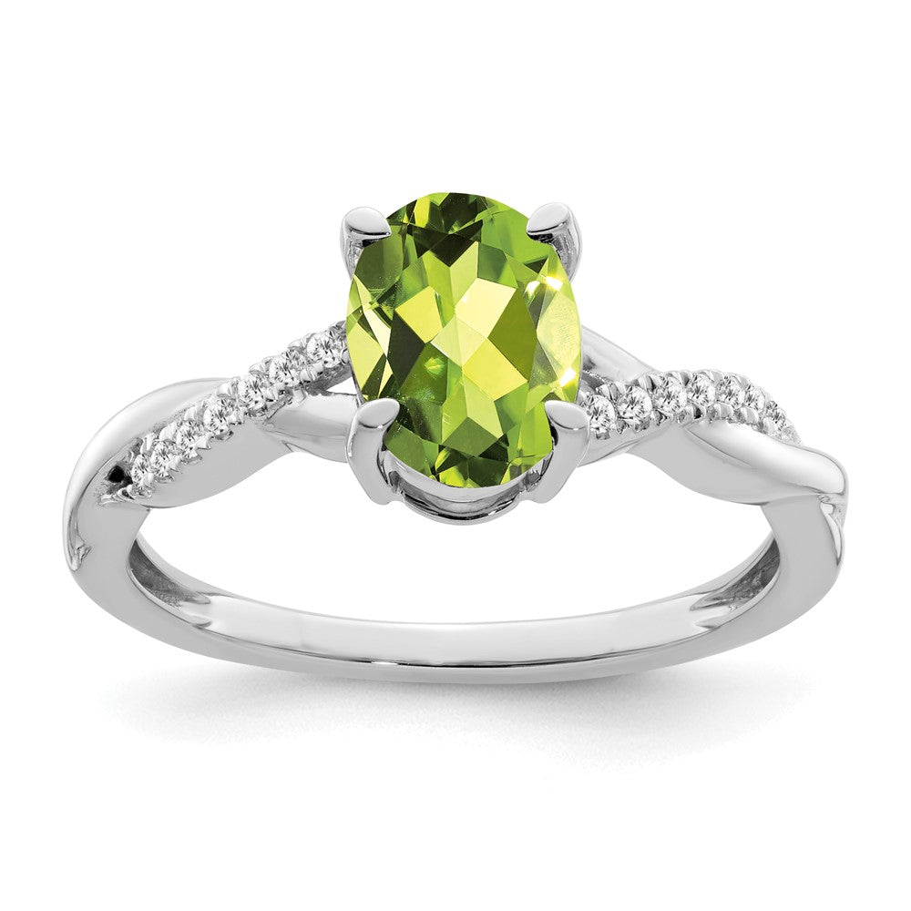 14k White Gold 8x6mm Oval Peridot and 1/15 carat Diamond Ring